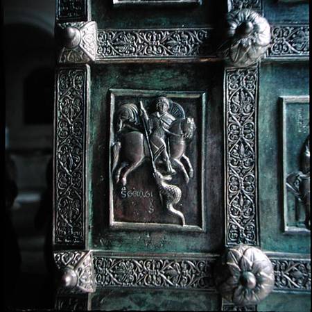 St. George killing the dragon, detail of the main doors, 1179, Cathedral of San Pantaleone, Ravello