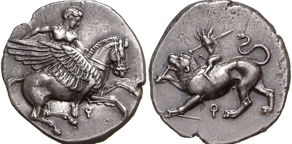 Trihemidrachm with Bellerophon on Pegasus, 430-405 BC, Corinth, Greek culture