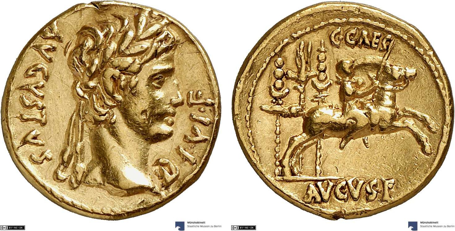 Aureus showing Augustus on horseback on reverse, minted in 8 BC under Augustus, Roman Empire