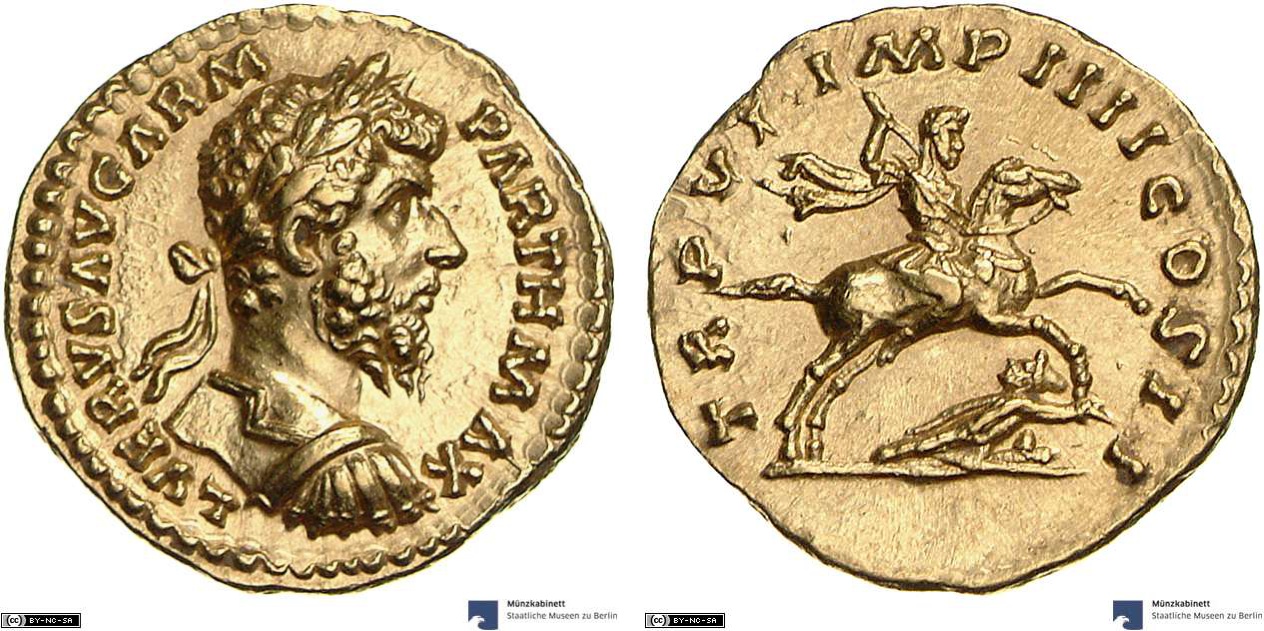Aureus showing the emperor on horseback on reverse, minted in 166 AD under Lucius Verus, Roman Empire