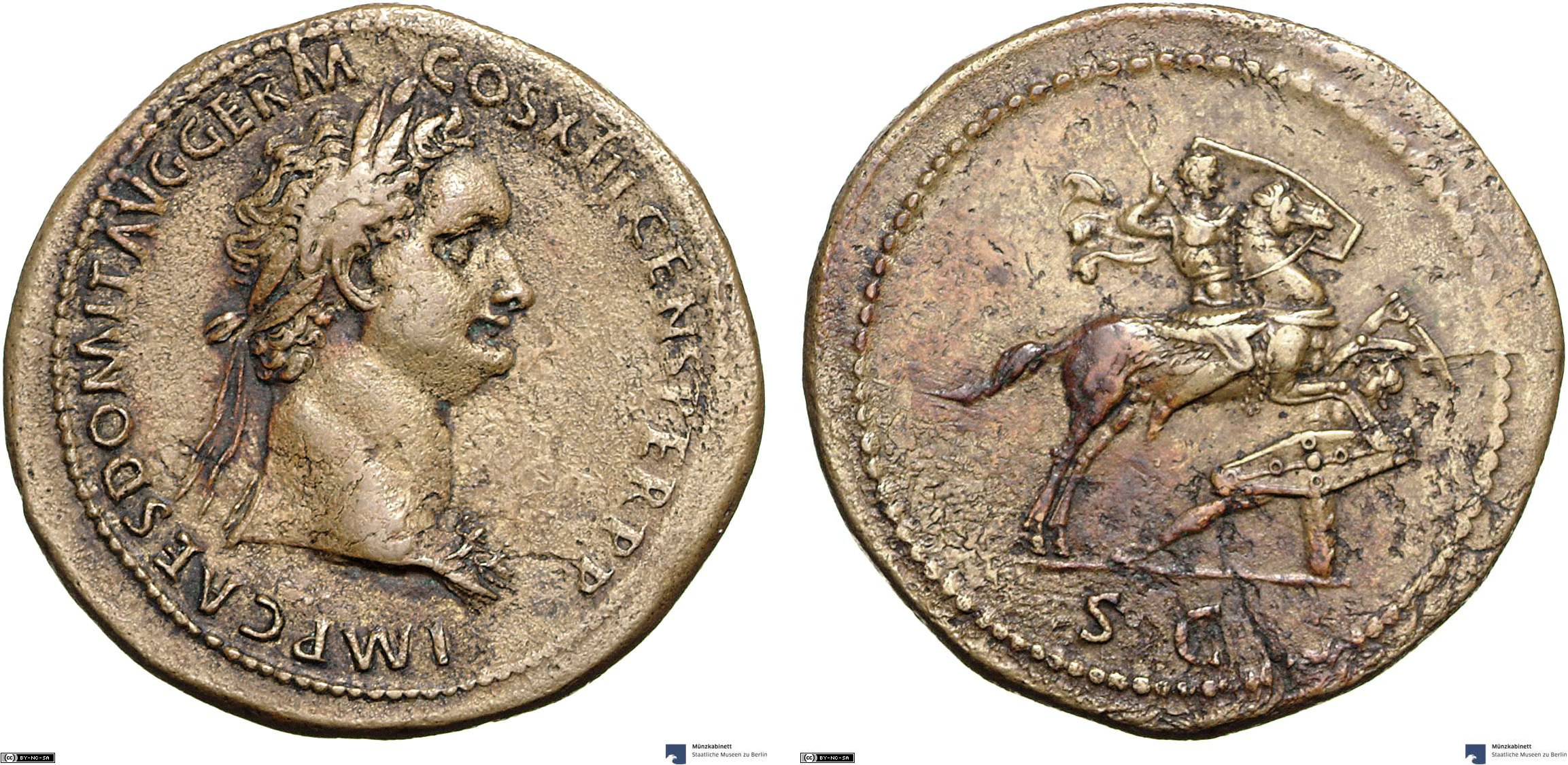 Sestertius showing the emperor on horseback on reverse, minted in 87 AD under Domitian, Roman Empire