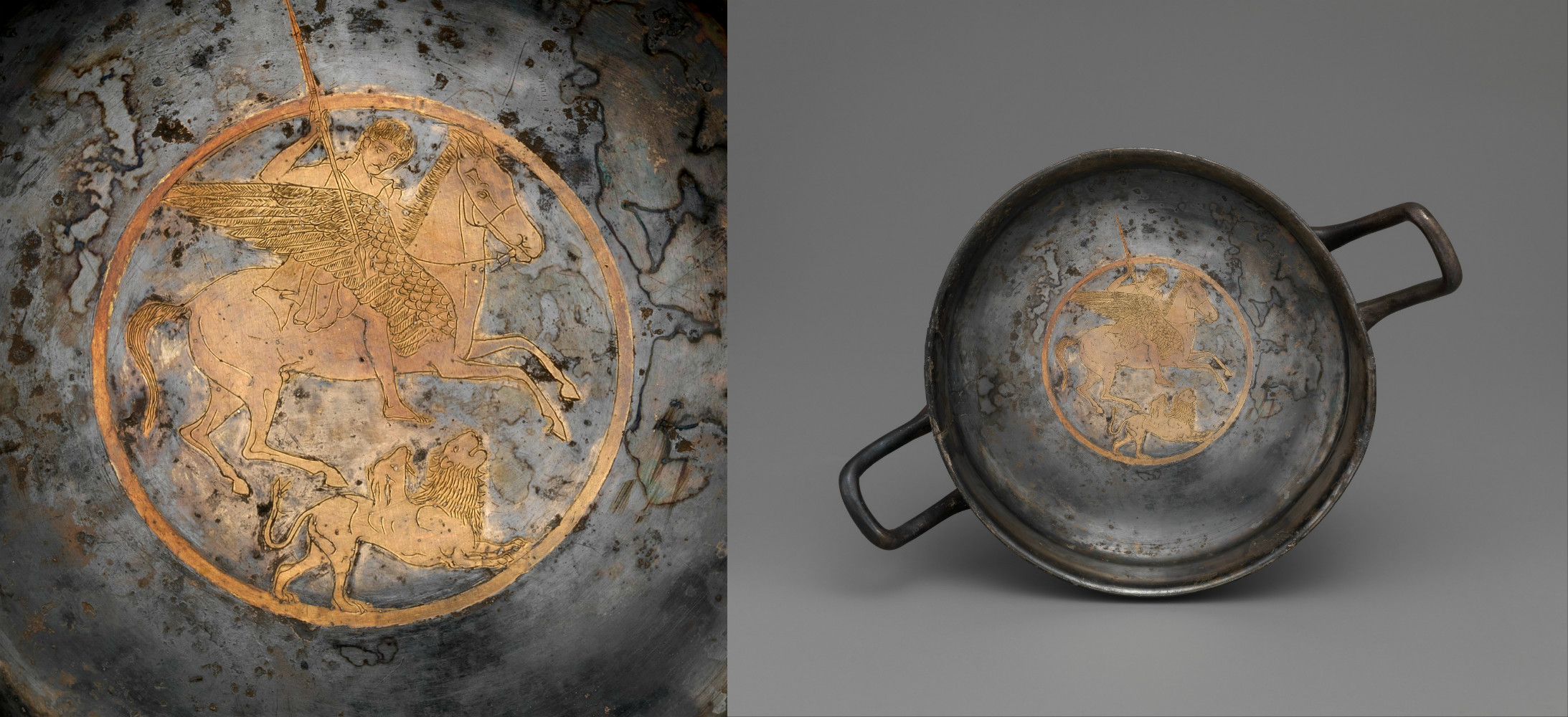 Gilt silver kylix with Bellerophon riding Pegasus and attacking the Chimaera, late 5th century BC, Greek