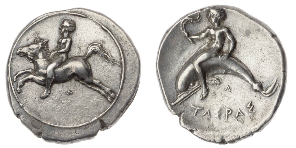 Nommos with horse and rider, cr. 390 BC, Taras, Apulia