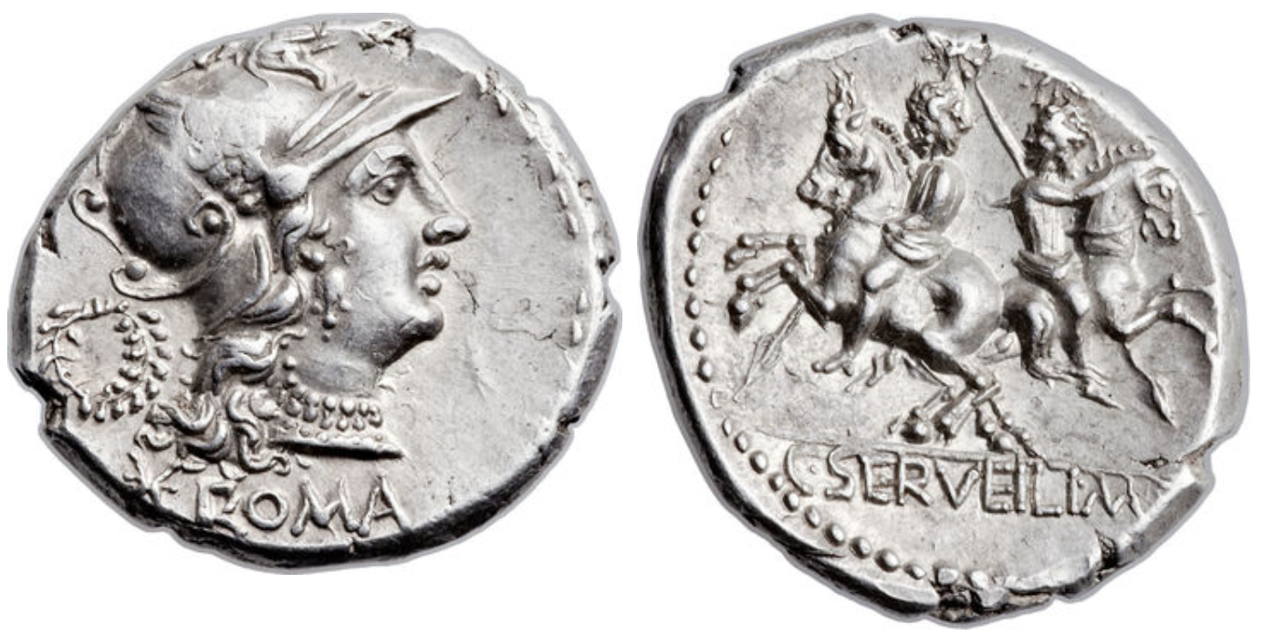 Denarius showing Dioscuri brothers on horseback on reverse, minted in 136 BC, Roman Republic