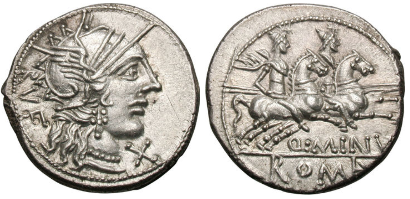 Denarius showing Dioscuri brothers on horseback on reverse, minted in 122 BC, Roman Republic