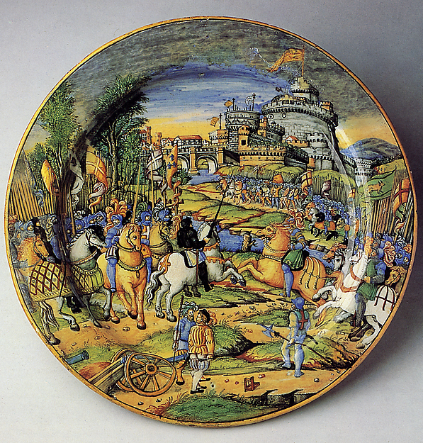 Dish depicting an episode from the Sack of Rome, 1527: the assault on the Borgo (?), cr. 1540, Workshop of Guido Durantino (Guido Fontana), Urbino