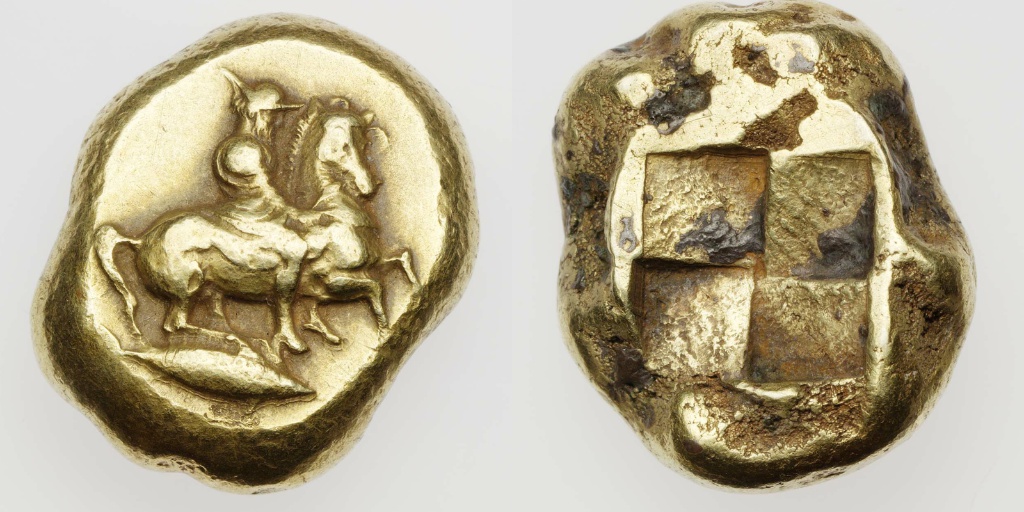 Stater with horse and rider above tunny fish, cr. 460–400 BC, Kyzikos, Mysia