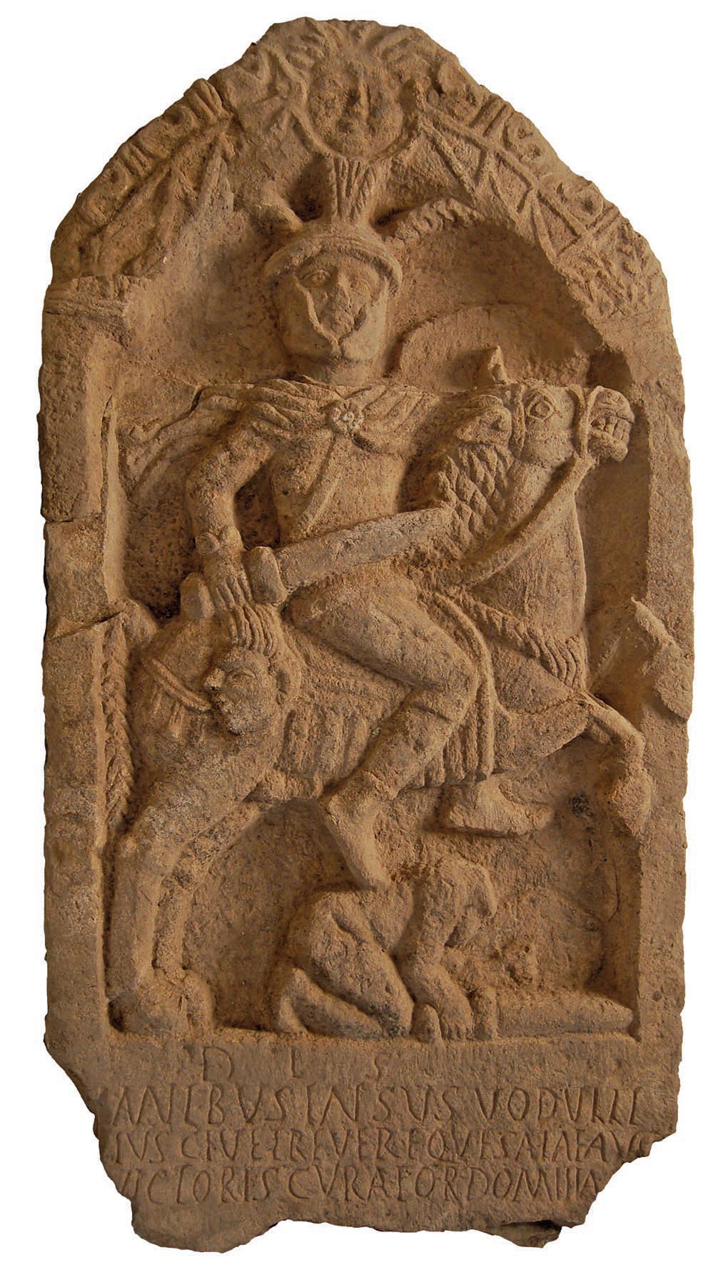 Roman gravestone showing a soldier Insus holding the severed head of a barbarian, cr. 100 AD, discovered in Lancashire, UK