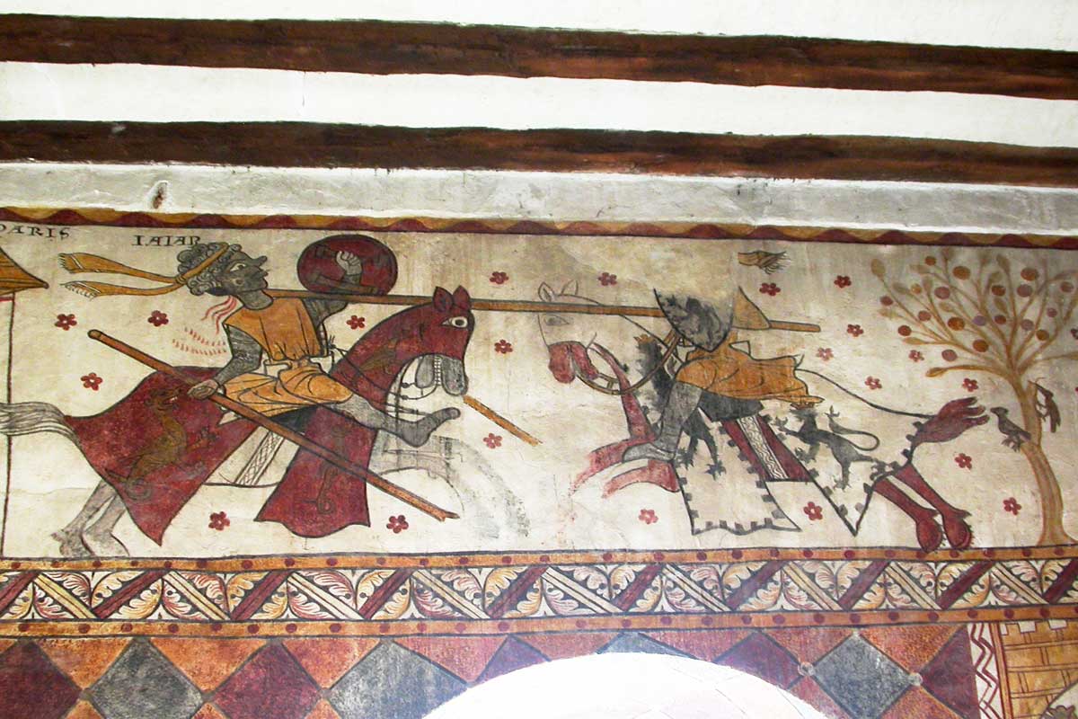 Frescoes illustrating the conquest of the Kingdom of Naples and Sicily by the Count of Provence Charles of Anjou, 13th century, The Ferrande Tower, Pernes-les-Fontaines, Provence, France
