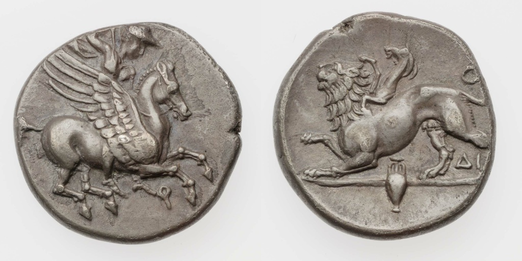 Trihemidrachm of Corinth with Bellerophon riding Pegasus, 338–280 BC, Corinth, Greek culture