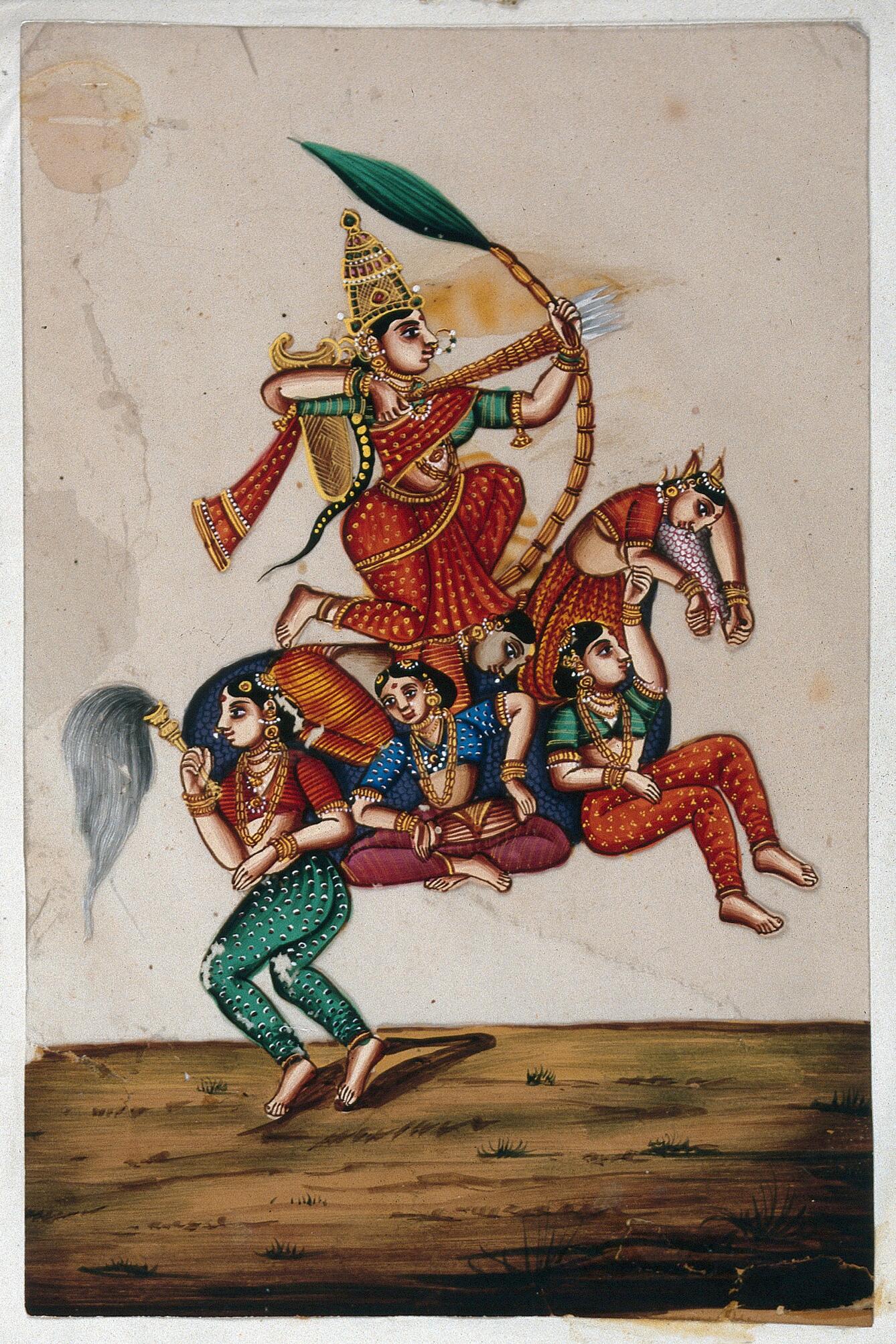 Rati shooting arrows with a bow while seated on a horse formed from five women, 19th century, India